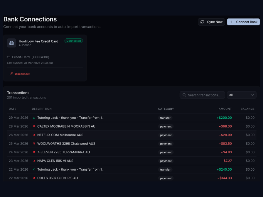 Bank feed with auto-imported transactions