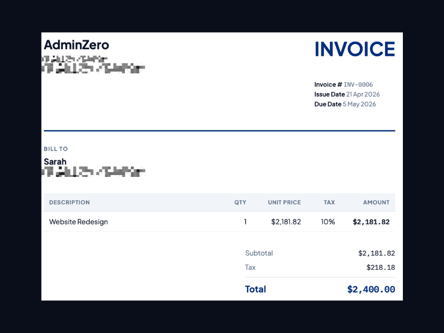 Professional invoice PDF generated by AdminZero